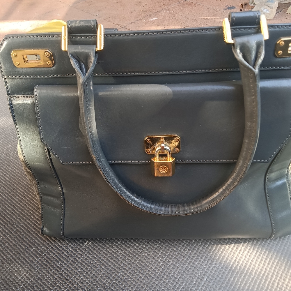Tory Burch Dark Gray Genuine Leather Top Handle Frame Hinge Top Satchel Bag - Picture 10 of 13